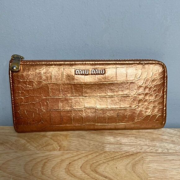 Miu Miu Croc Embossed Metallic Bronze Zip Around Long Accordion Upcycled Wallet - Picture 1 of 13